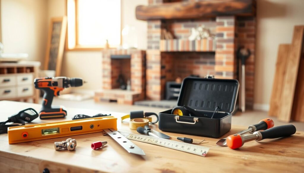 A well-organized workspace showcasing essential tools for installing a fireplace, arranged on a wooden workbench. In the foreground, a variety of tools such as a spirit level, drill, measuring tape, and trowel prominently displayed, with a small, neatly opened toolbox beside them. In the middle ground, a partially assembled fireplace unit with bricks and mortar set up against a wall, demonstrating the installation process. The background features a brightly lit room with warm tones, indicating a cozy atmosphere. The lighting is soft and natural, illuminating the scene from a window to the side, creating a sense of focus and clarity for the tools. The overall mood is practical and inviting, emphasizing the importance of preparation in fireplace installation. A well-organized workspace showcasing essential tools for installing a fireplace, arranged on a wooden workbench. In the foreground, a variety of tools such as a spirit level, drill, measuring tape, and trowel prominently displayed, with a small, neatly opened toolbox beside them. In the middle ground, a partially assembled fireplace unit with bricks and mortar set up against a wall, demonstrating the installation process. The background features a brightly lit room with warm tones, indicating a cozy atmosphere. The lighting is soft and natural, illuminating the scene from a window to the side, creating a sense of focus and clarity for the tools. The overall mood is practical and inviting, emphasizing the importance of preparation in fireplace installation.