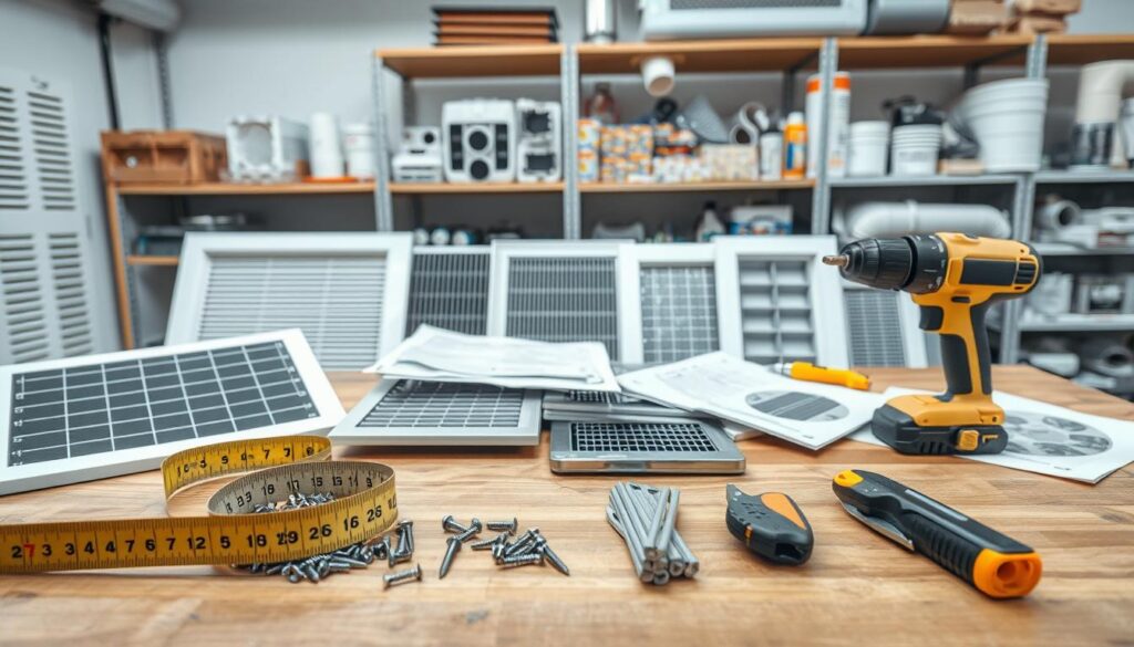 A well-organized workspace with various materials for installing ventilation grilles. In the foreground, display a close-up of essential tools: a measuring tape, a drill, screws, and a utility knife, neatly arranged on a wooden workbench. In the middle ground, show several ventilation grilles of different sizes and designs, showcasing their metallic and plastic textures, as well as installation manuals spread out. In the background, include shelves stocked with additional supplies like adhesive, sealant, and ventilation ducts. The lighting is bright and functional, simulating a workshop environment, creating a productive atmosphere. The angle is slightly elevated to capture the entire scene, emphasizing the preparation necessary for the installation task. A well-organized workspace with various materials for installing ventilation grilles. In the foreground, display a close-up of essential tools: a measuring tape, a drill, screws, and a utility knife, neatly arranged on a wooden workbench. In the middle ground, show several ventilation grilles of different sizes and designs, showcasing their metallic and plastic textures, as well as installation manuals spread out. In the background, include shelves stocked with additional supplies like adhesive, sealant, and ventilation ducts. The lighting is bright and functional, simulating a workshop environment, creating a productive atmosphere. The angle is slightly elevated to capture the entire scene, emphasizing the preparation necessary for the installation task.