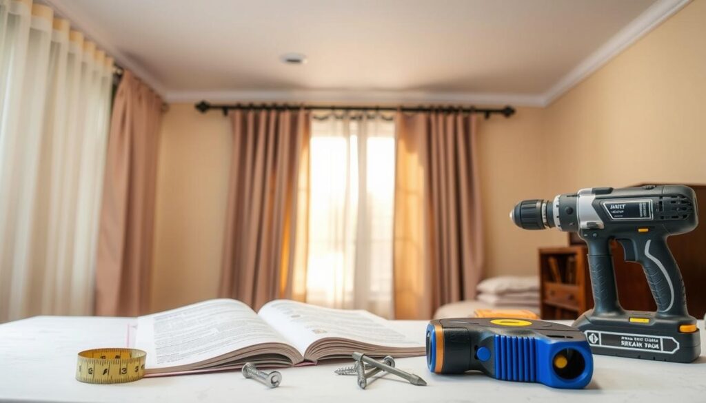 A well-organized workstation set up for installing a ceiling curtain rod. In the foreground, tools like a measuring tape, level, drill, and screws are neatly arranged on a table. In the middle ground, an open instruction manual lies next to a ceiling with a partially installed curtain rod, showcasing the brackets and mounting hardware. The background features a well-lit room with soft, natural light filtering through partially drawn curtains, creating a warm and inviting atmosphere. The scene is captured from a slightly elevated angle, highlighting the preparation process. The mood is professional yet approachable, emphasizing an organized and efficient approach to home improvement tasks. A well-organized workstation set up for installing a ceiling curtain rod. In the foreground, tools like a measuring tape, level, drill, and screws are neatly arranged on a table. In the middle ground, an open instruction manual lies next to a ceiling with a partially installed curtain rod, showcasing the brackets and mounting hardware. The background features a well-lit room with soft, natural light filtering through partially drawn curtains, creating a warm and inviting atmosphere. The scene is captured from a slightly elevated angle, highlighting the preparation process. The mood is professional yet approachable, emphasizing an organized and efficient approach to home improvement tasks.