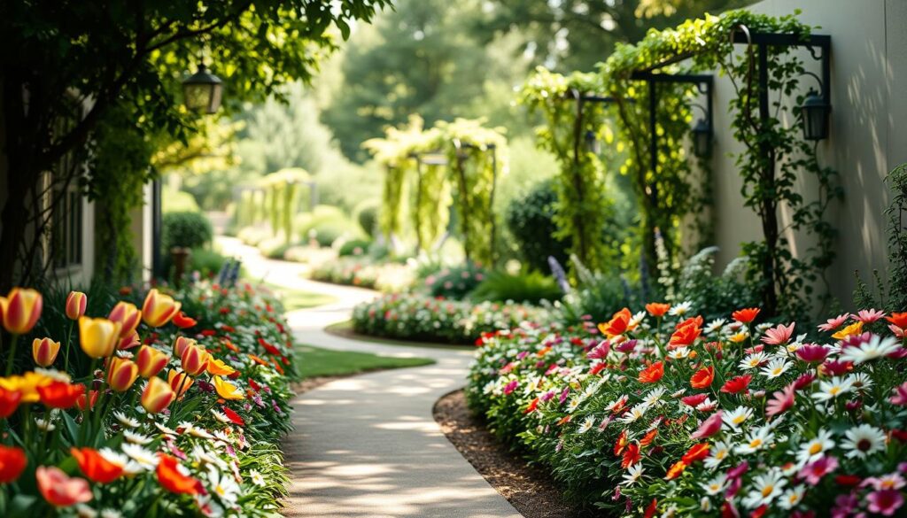 An artistic rendition of a long, narrow garden designed to appear wider. In the foreground, delicate flower beds in vibrant colors featuring various flowers like tulips and daisies, artfully arranged to create depth. In the middle ground, winding pathways with elegant, subtly curved lines leading the viewer's eye deeper into the garden, surrounded by lush greenery and ornamental plants. The background showcases a soft, blurred view of garden trellises adorned with climbing vines, under dappled sunlight filtering through leaves. The atmosphere is serene and inviting, evoking a sense of tranquility and spaciousness despite the garden's narrowness. Utilize natural lighting for a warm ambiance, captured from a slightly elevated angle to enhance the illusion of depth and width.