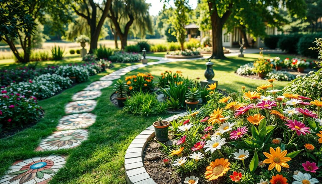 Vibrant and artistic display of creative uses for ceramic tiles in a garden setting. In the foreground, a beautifully arranged flowerbed featuring mosaic patterns made from various colored tiles, showcasing intricate designs of flowers and geometric shapes. The middle ground highlights tile pathways winding through lush greenery, lined with small potted plants and garden decorations crafted from residual tiles. In the background, a serene garden landscape with trees and soft sunlight filtering through leaves, creating a warm and inviting atmosphere. The scene is captured with a soft focus lens, enhancing the vivid colors and details of the tiles, while maintaining an overall cheerful and inspirational mood. No text or watermarks present, emphasizing the creativity in repurposing ceramic tiles. Vibrant and artistic display of creative uses for ceramic tiles in a garden setting. In the foreground, a beautifully arranged flowerbed featuring mosaic patterns made from various colored tiles, showcasing intricate designs of flowers and geometric shapes. The middle ground highlights tile pathways winding through lush greenery, lined with small potted plants and garden decorations crafted from residual tiles. In the background, a serene garden landscape with trees and soft sunlight filtering through leaves, creating a warm and inviting atmosphere. The scene is captured with a soft focus lens, enhancing the vivid colors and details of the tiles, while maintaining an overall cheerful and inspirational mood. No text or watermarks present, emphasizing the creativity in repurposing ceramic tiles.